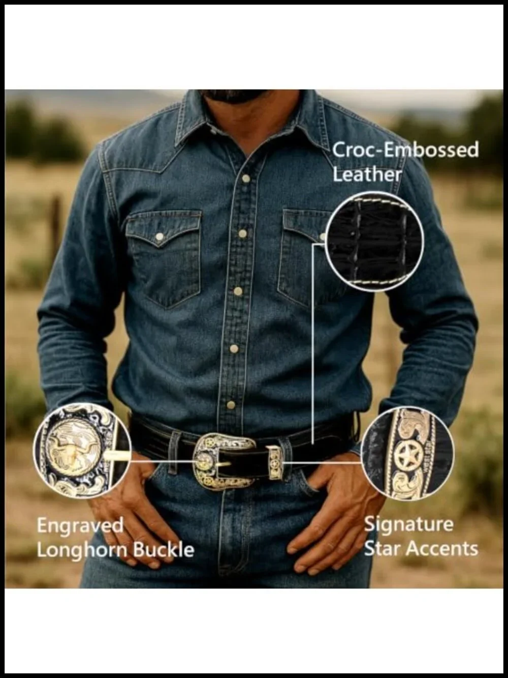 Men's Genuine Leather Western Belt with Engraved Buckle, Removable, Rodeo